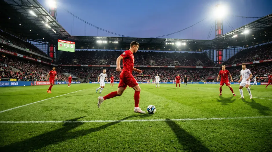 Belsch Nationalekipp a rouden Trikoten op engem Foussballterrain wärend engem internationale Match