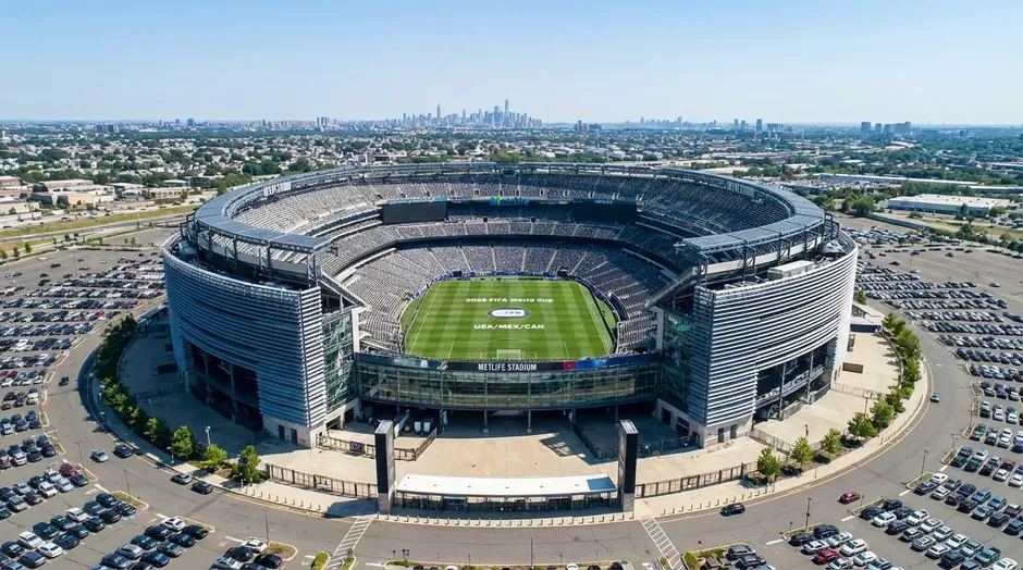 MetLife Stadium zu East Rutherford bei New York mat gréngem Foussballterrain an eidele Sëtzplazen