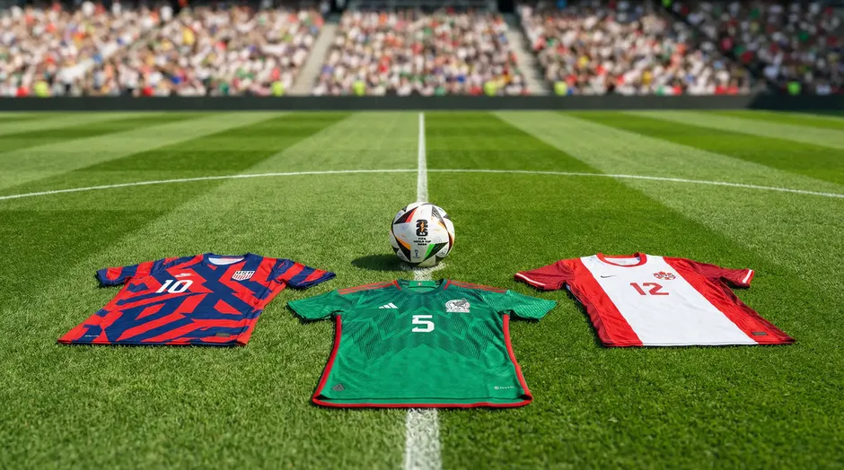 Foussballterrain mat Nationalflagge vun den USA, Mexiko a Kanada fir d'WM 2026