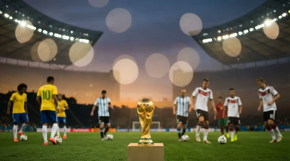 Foussballspiller vu verschiddene Nationalekippen op engem Terrain mat WM-Pokal am Hannergrond