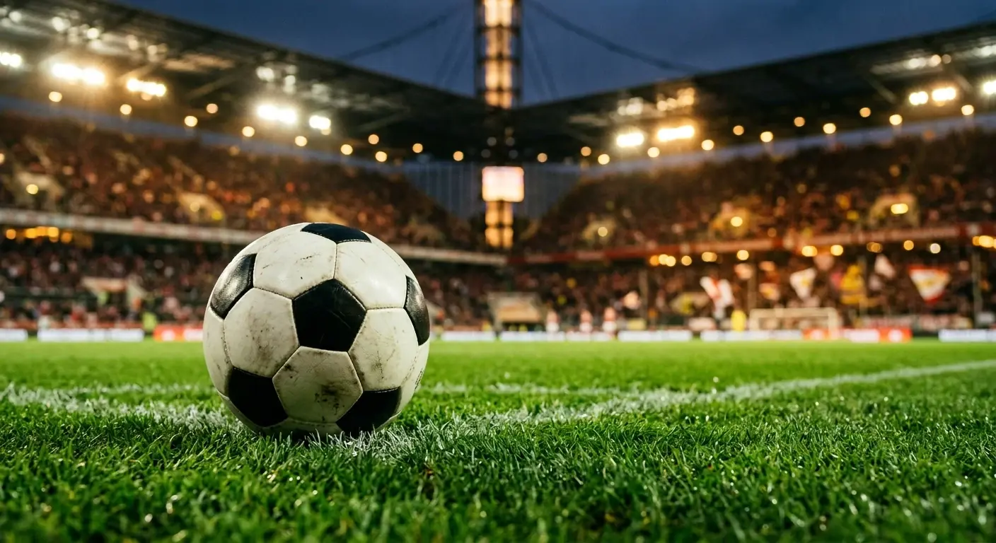 Foussball op engem gréngen Terrain ënnert Owend-Flutluucht