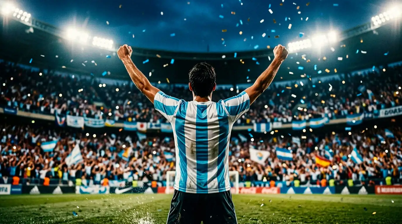 Foussballer feiert e Gol an engem voll besate Stadion op der WM 2026