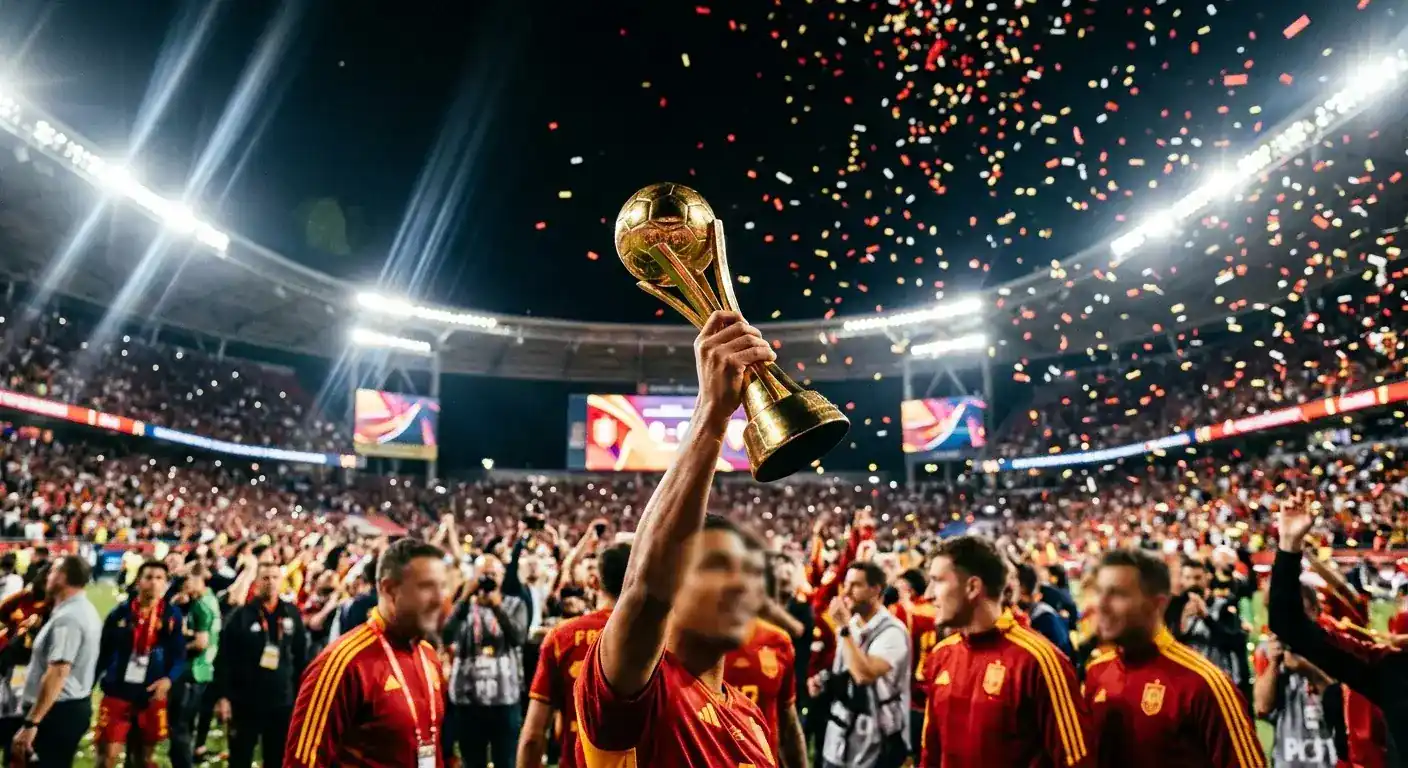 Weltmeeschterschafts-Trophée ënner Flutluucht an engem vollem Stadion