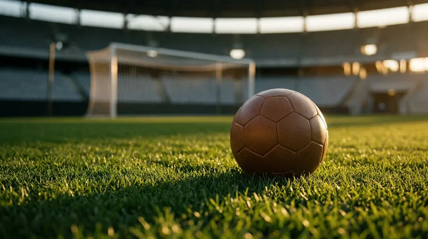 Foussball op engem gréngen Terrain, Owendluucht, eidele Stadion am Hannergrond