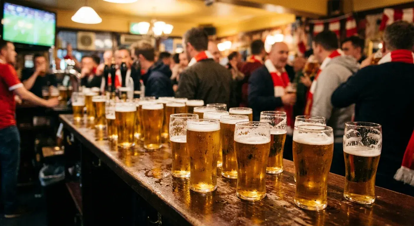 Vill Béiergläser op enger Bar-Théke an engem vollem Lokal