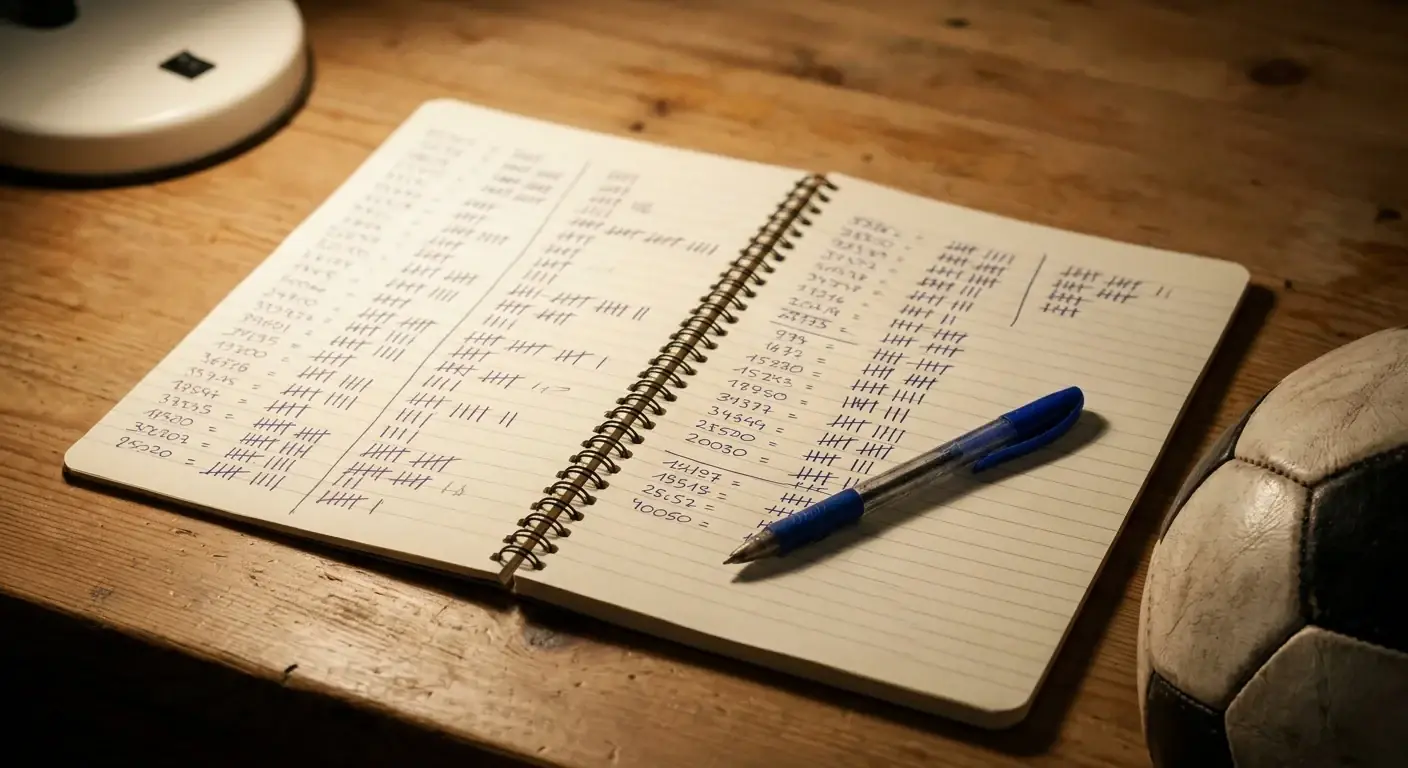 Notizbuch mat Zuelen a Statistiken nieft engem Foussball