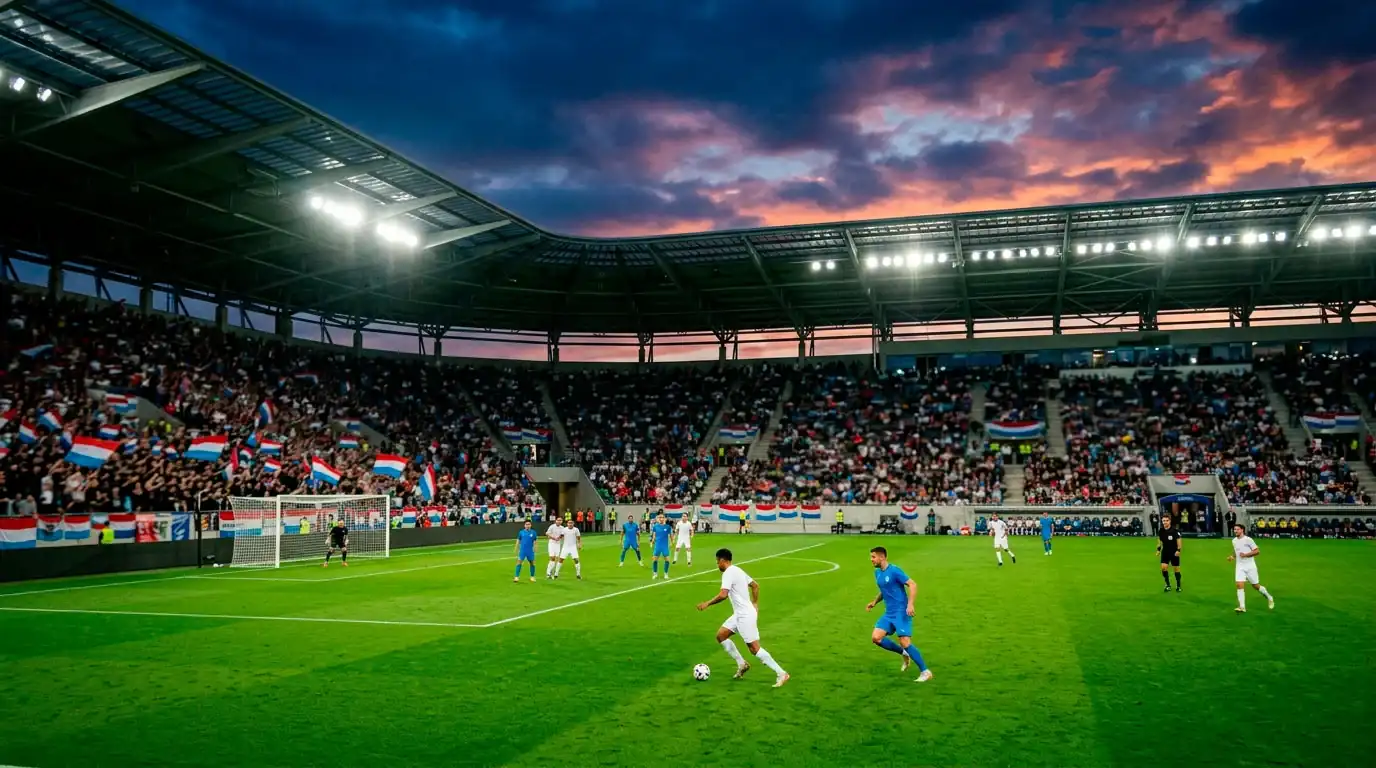Foussballstadion bei Owend mat Flutluucht während der WM 2026