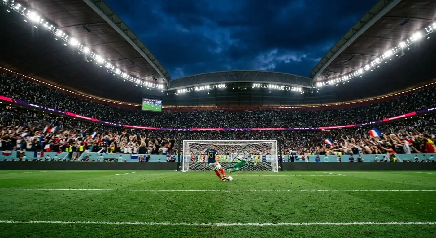 Foussballstadion bei Nuecht mat Flutluucht während der WM-2026-K.-o.-Phase